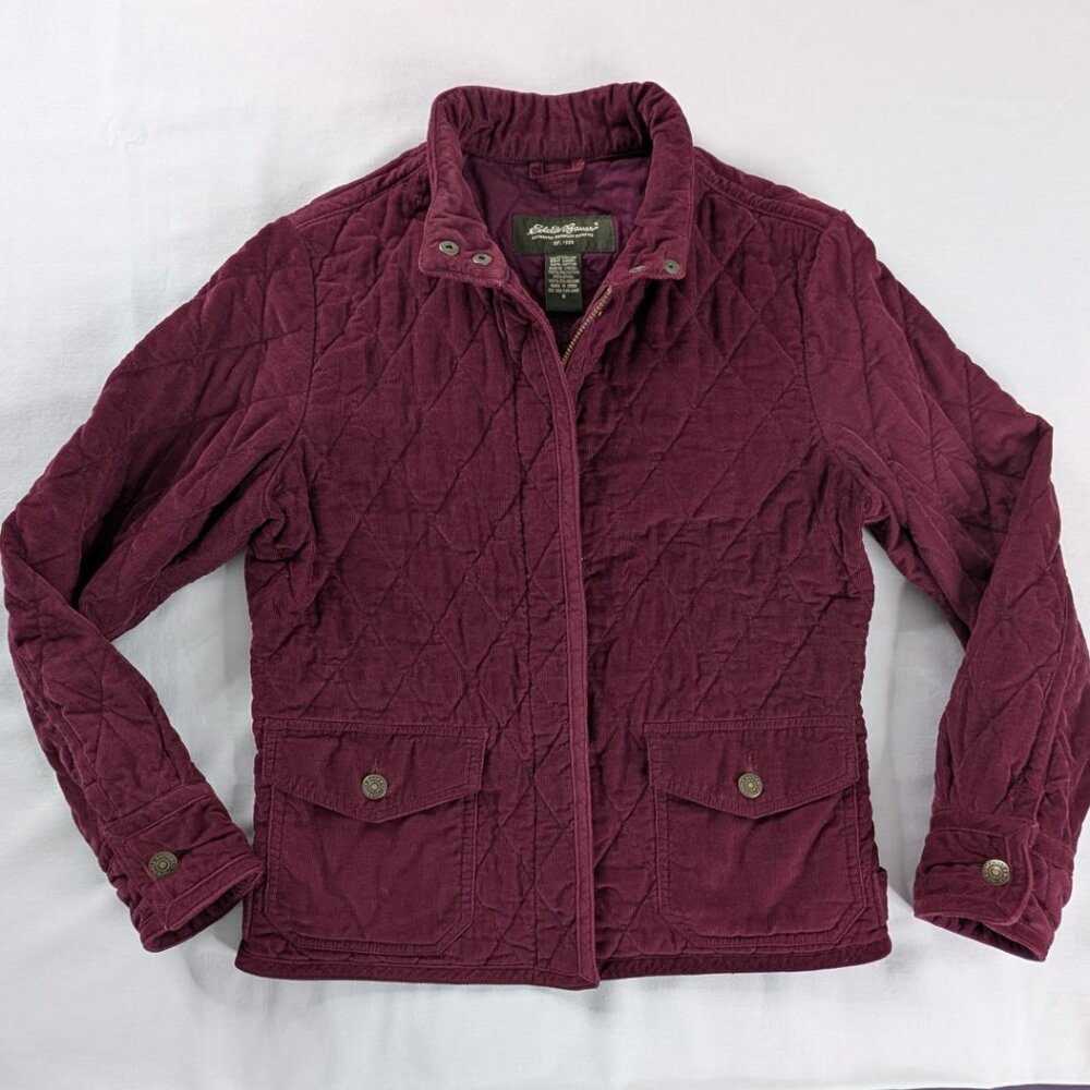 Eddie Bauer Burgundy Corduroy Quilted Zip Up High Neck Utility Jacket Cottage